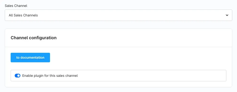 Channel configuration section with sales channel selection, documentation button and enable switch