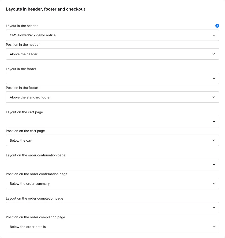 The card “Layouts in header, footer and checkout” with a layout selected for the header