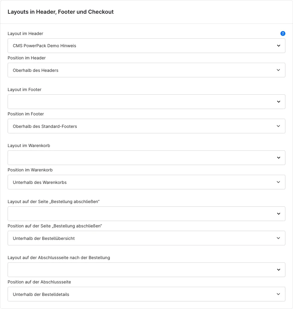 Der Bereich „Layouts in Header, Footer und Checkout“ mit einem gewählten Layout im Header