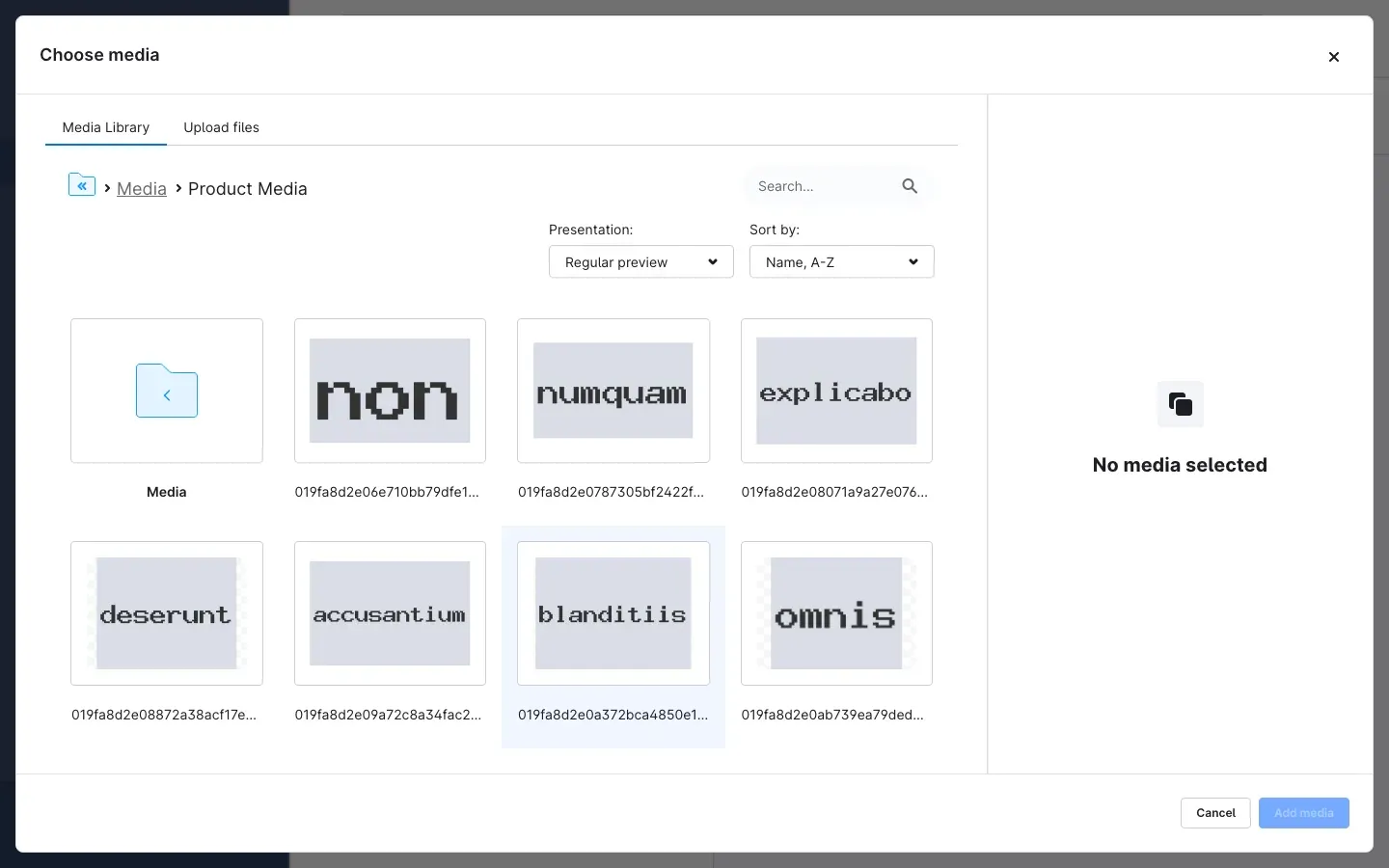 The "Choose media" dialog showing the media library