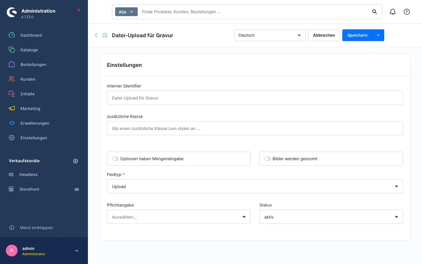 Konfigurator-Gruppe mit dem Feldtyp Upload