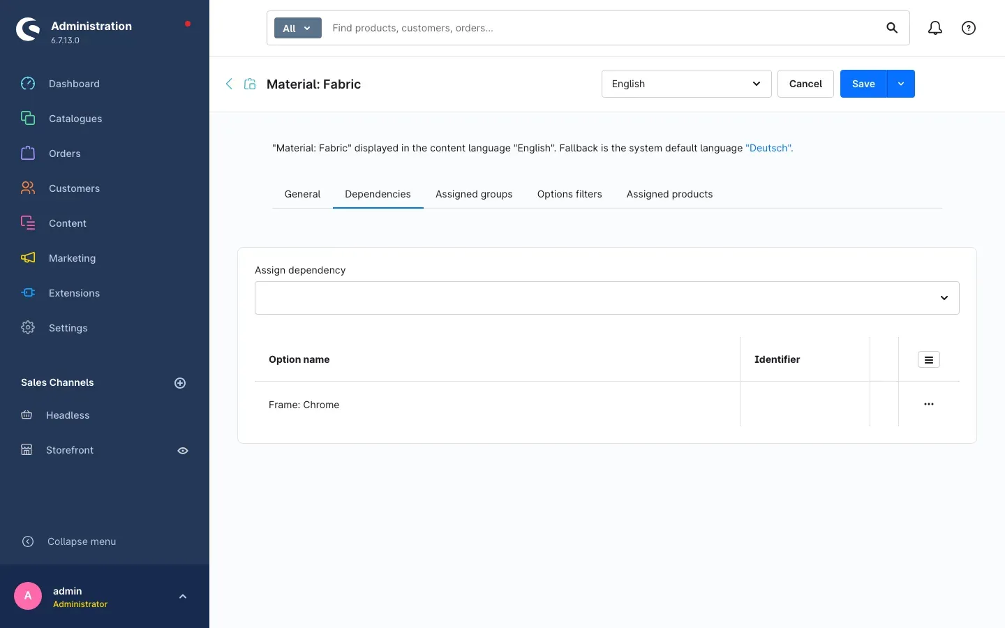 Dependencies tab on the option detail page