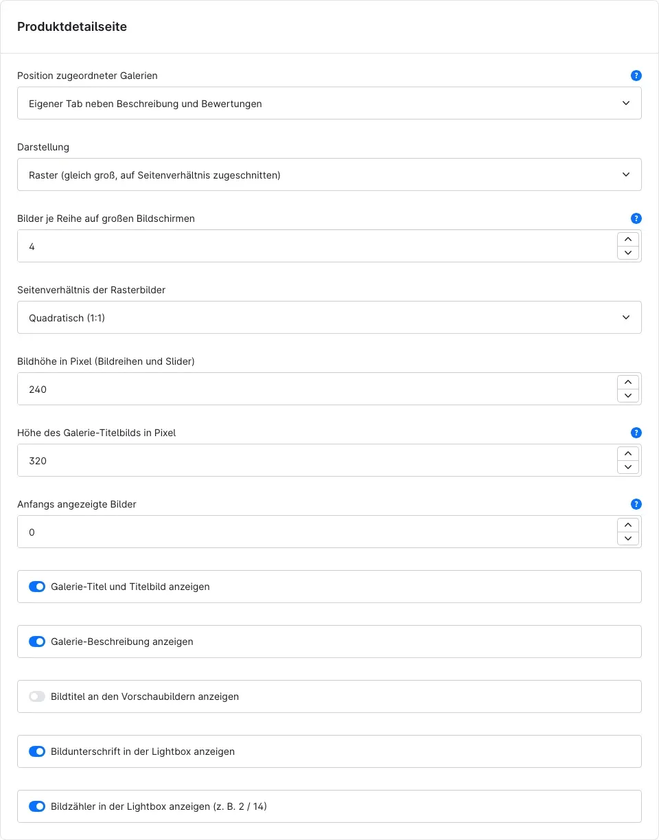 Bereich Produktdetailseite der Plugin-Konfiguration