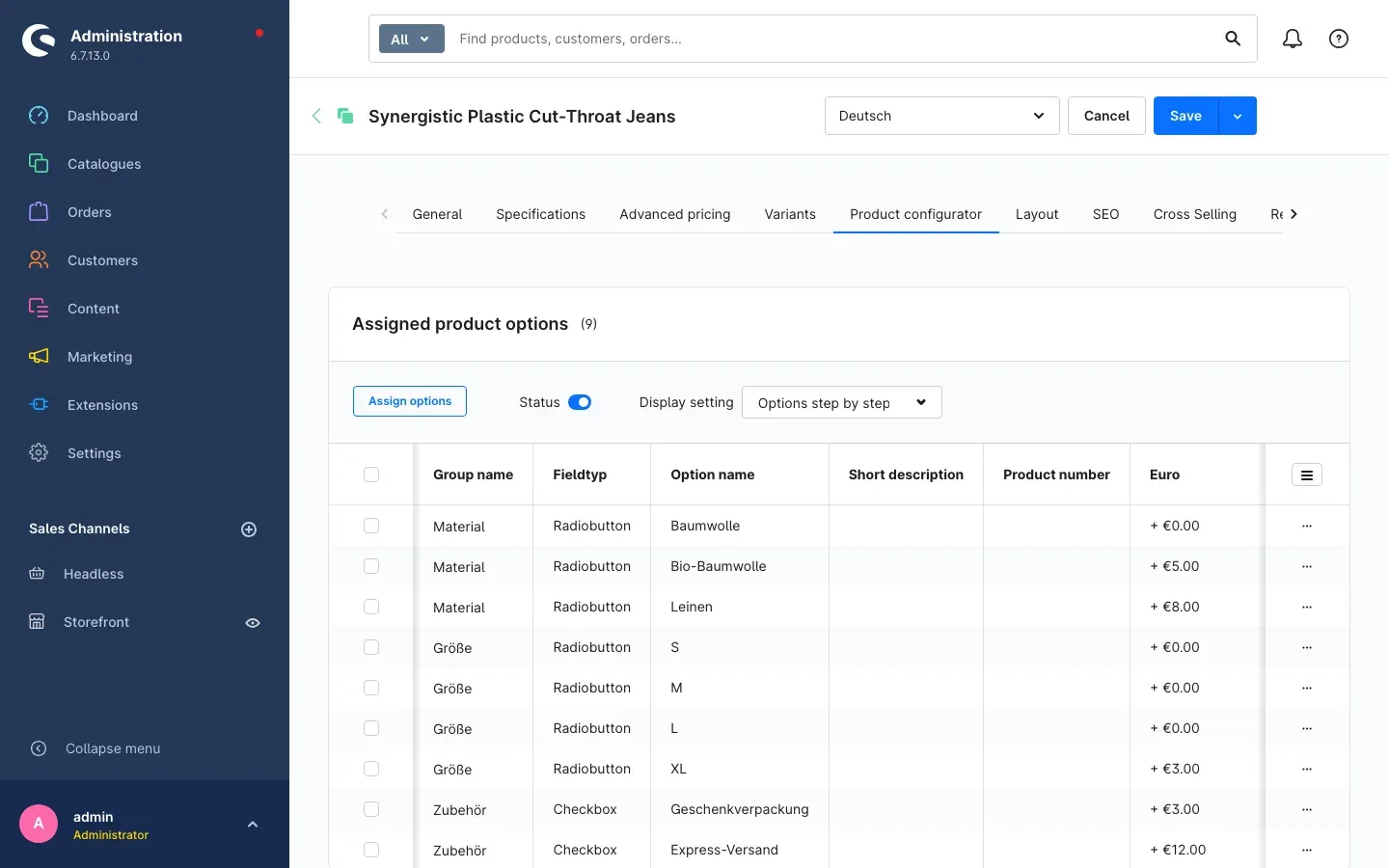 Display setting on the product