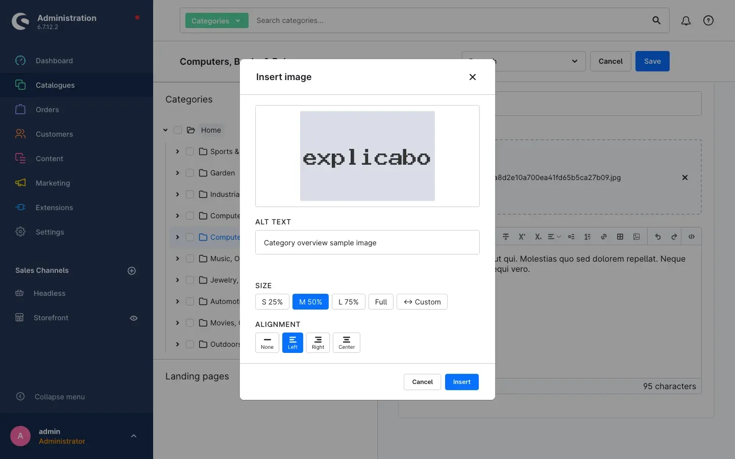 The "Insert image" dialog with preview, alt text, size and alignment