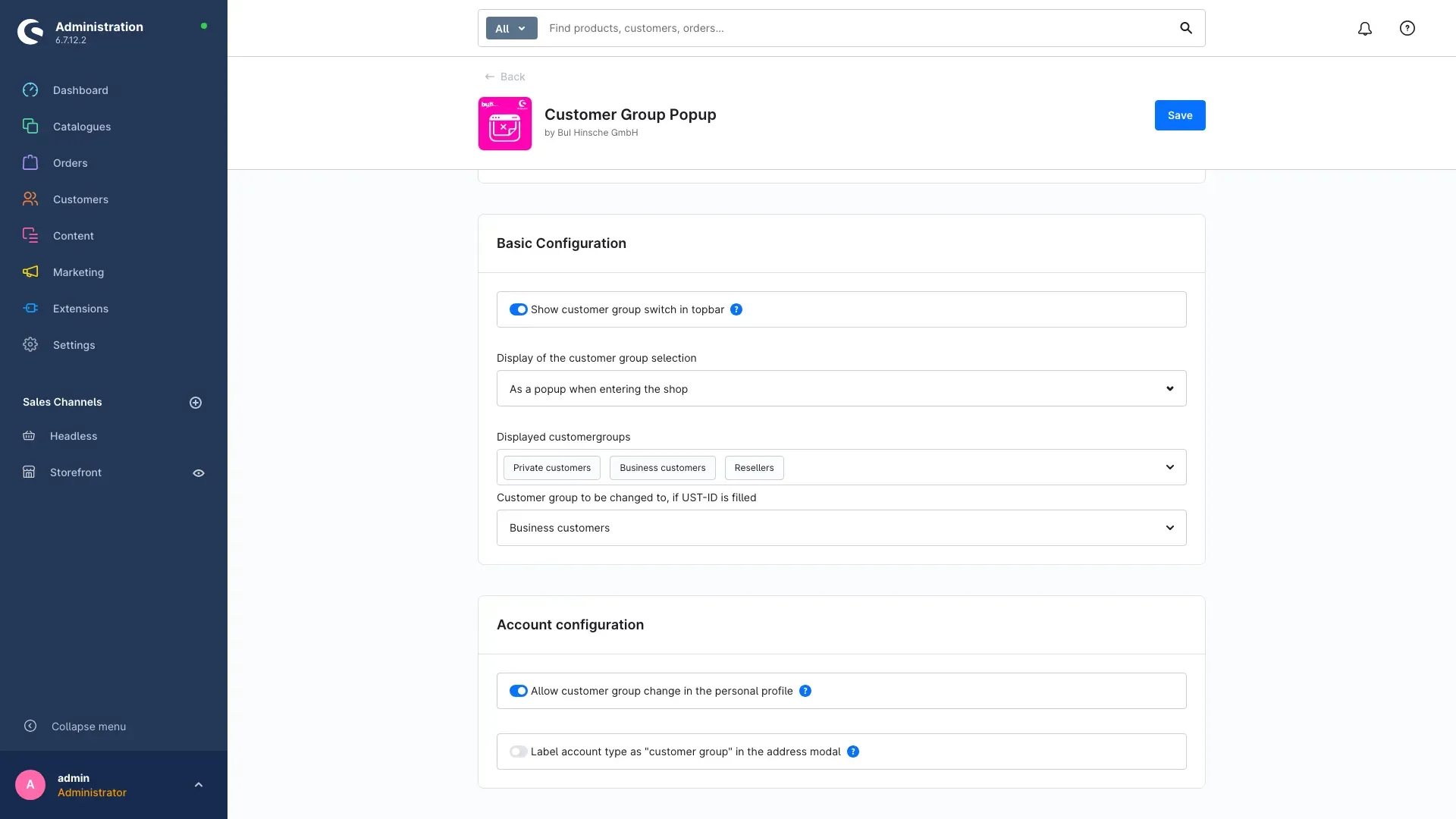 The "Account configuration" card