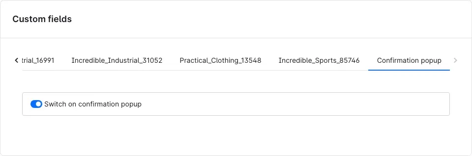 The "Confirmation popup" tab in the product's custom fields
