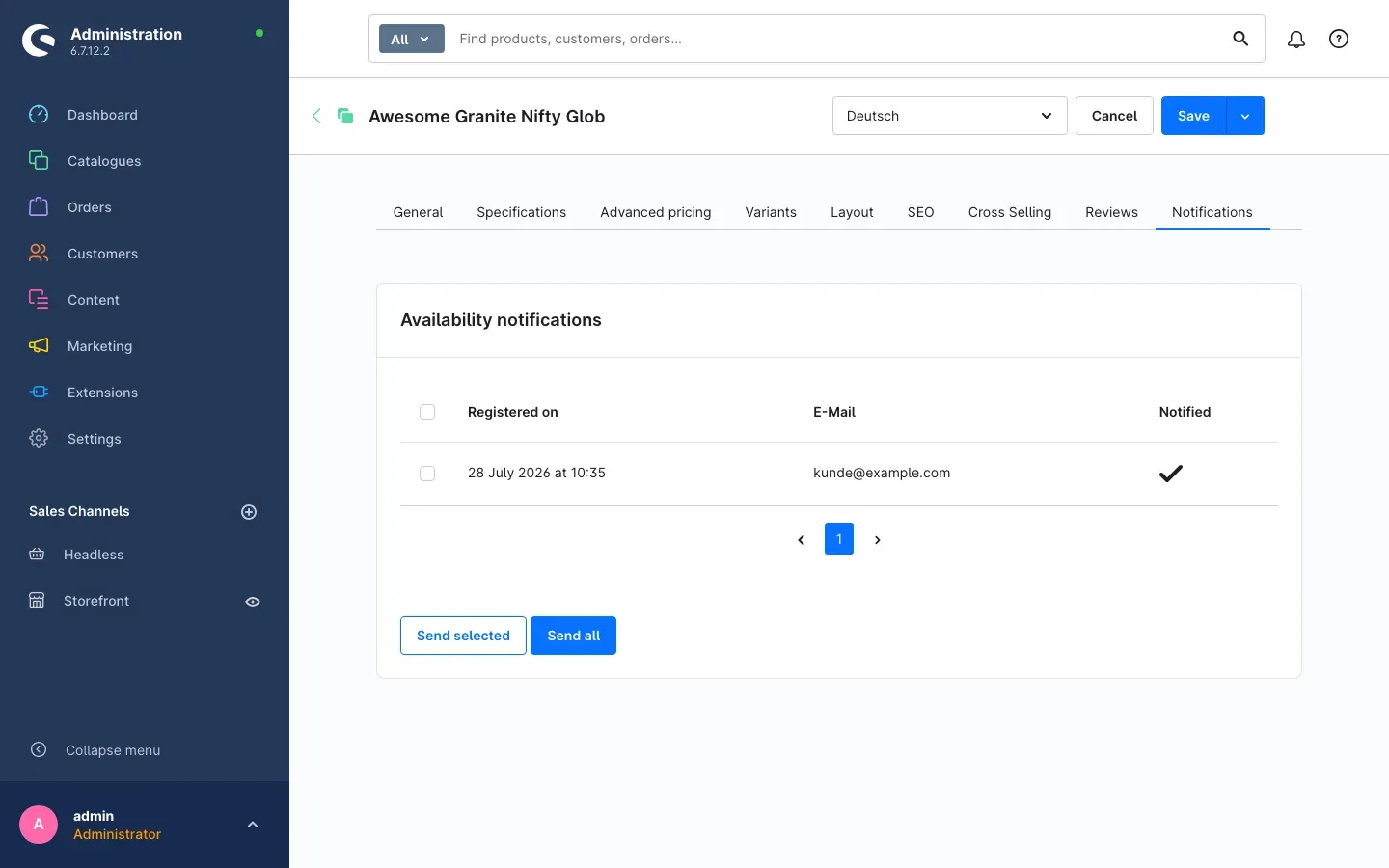 The card on the product detail page
