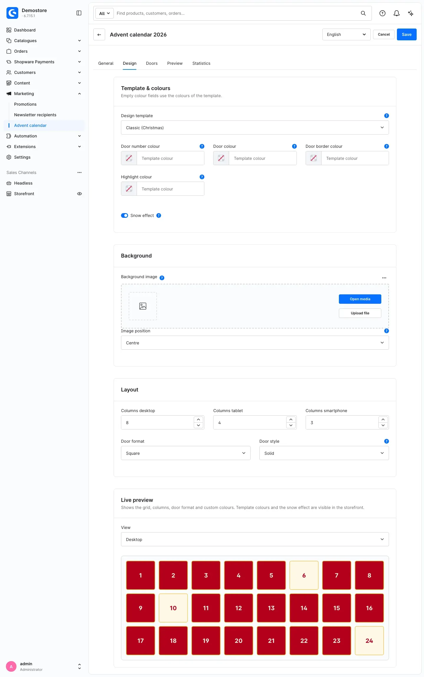 Design tab of a calendar
