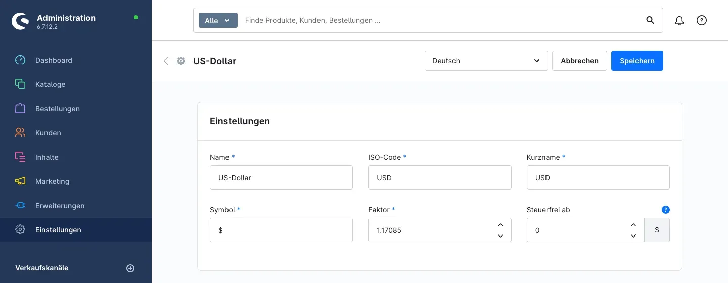Währungseinstellungen mit dem Feld „Faktor"