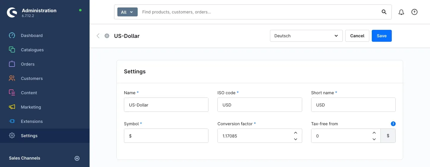 Currency settings with the "Conversion factor" field