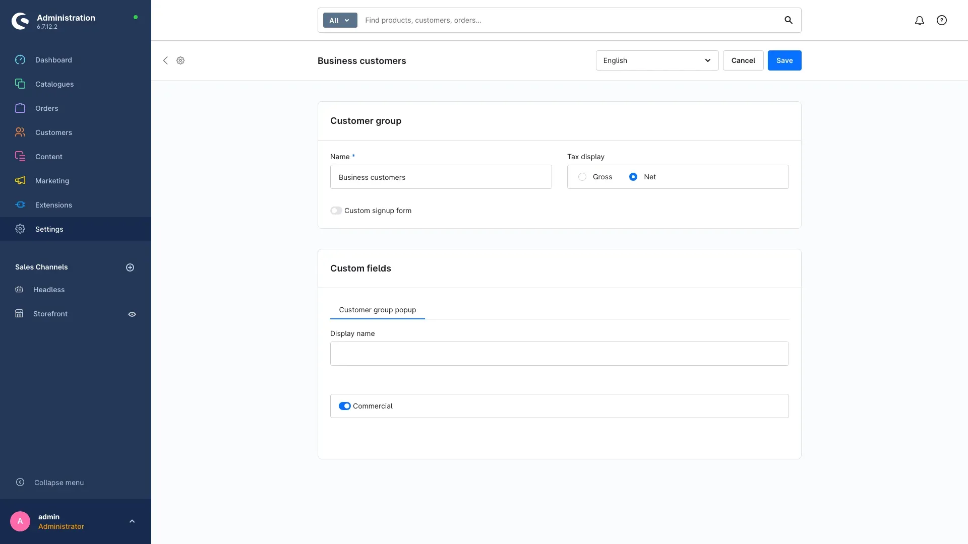 The plugin's custom fields on a customer group