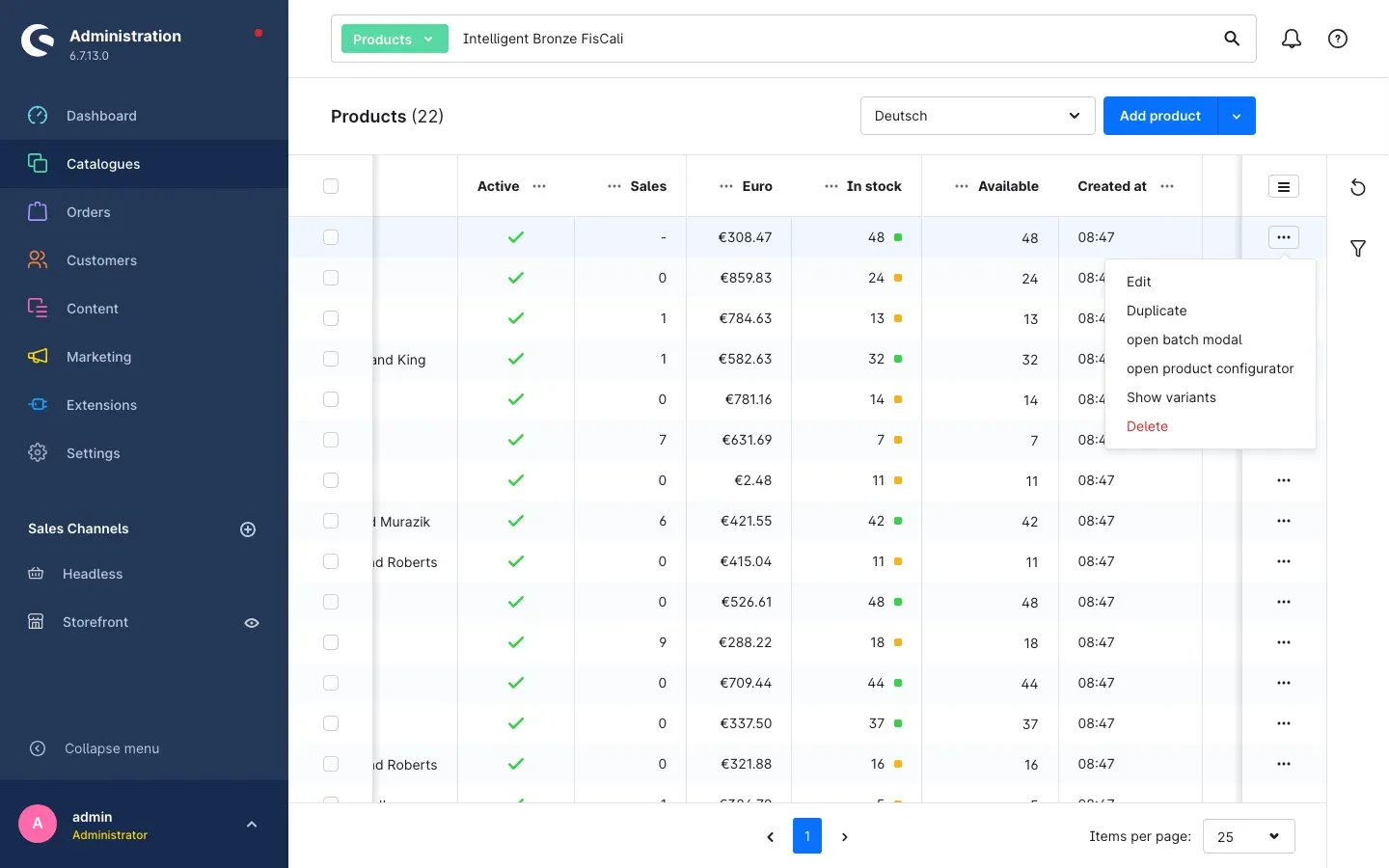 Product list with the context menu open, showing the "open batch modal" entry