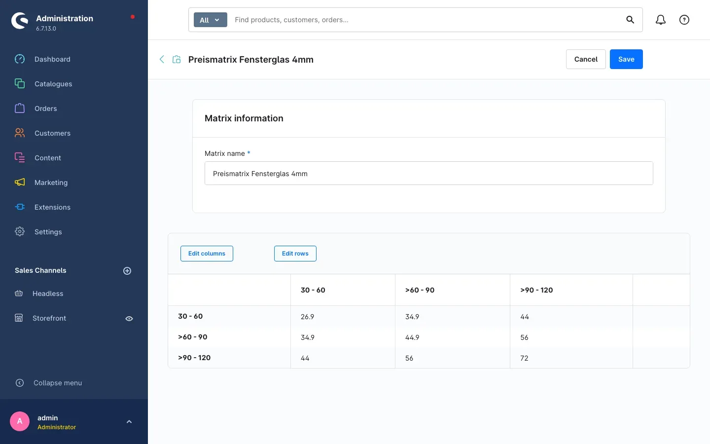 Price matrix with rows, columns and prices