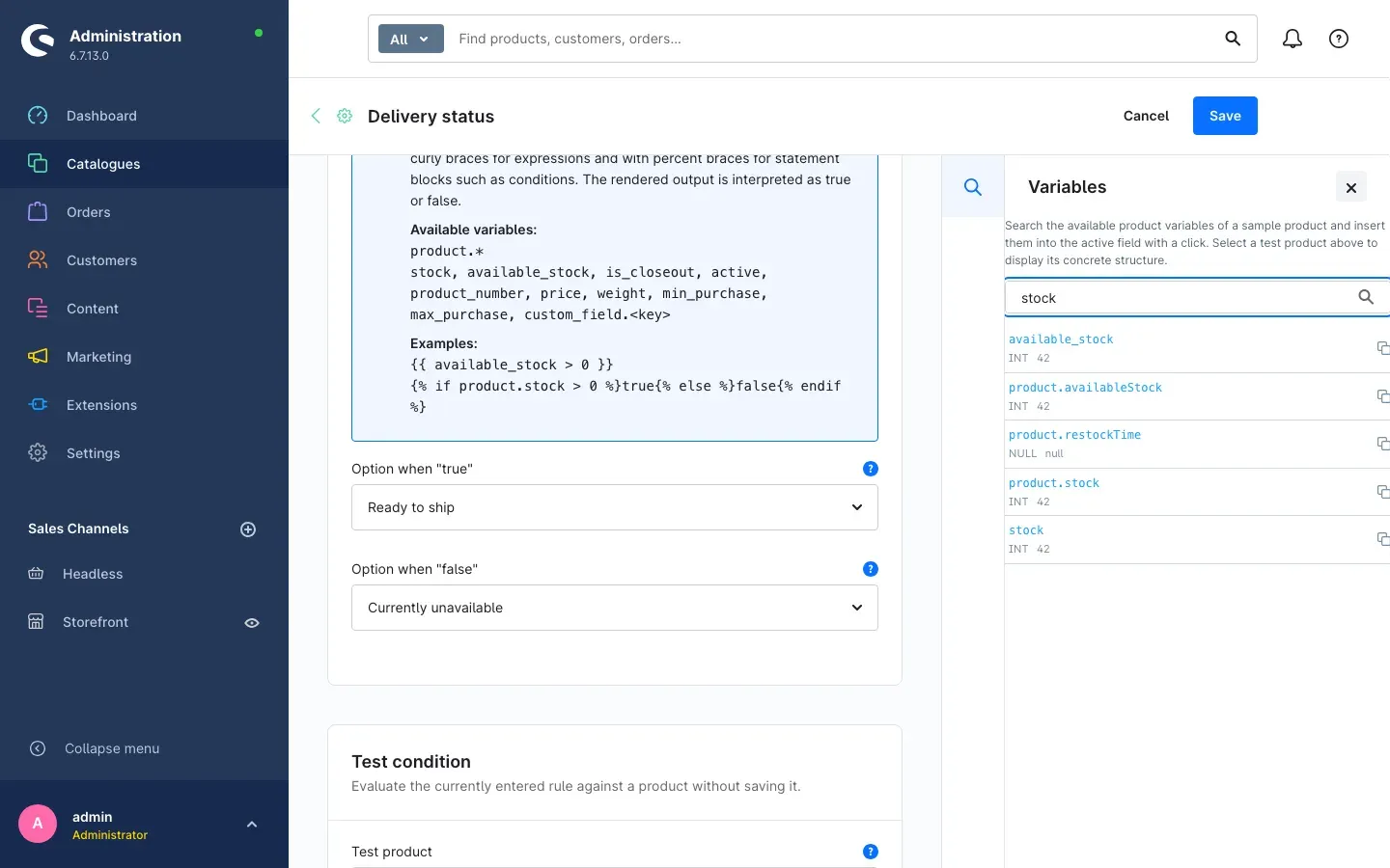 The open "Variables" panel with a search for "stock"