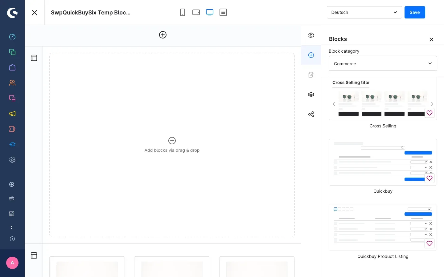 Block selection in the layout editor with the Quickbuy and Quickbuy Product Listing blocks