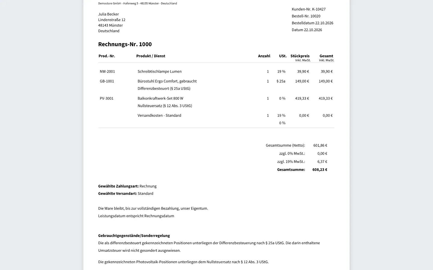 Rechnung mit Pflichtangabe