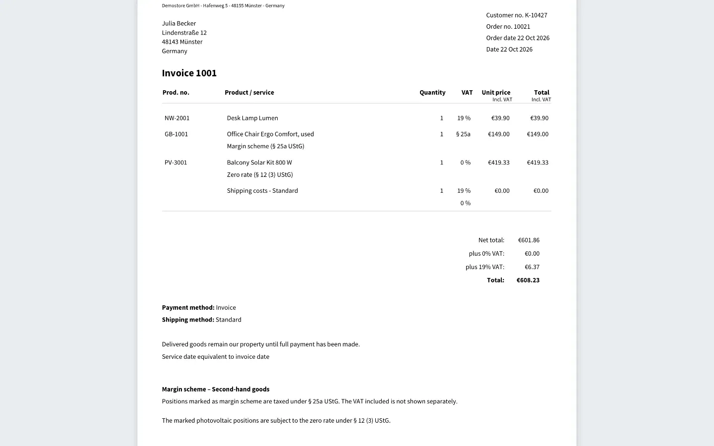 Invoice with the required statement