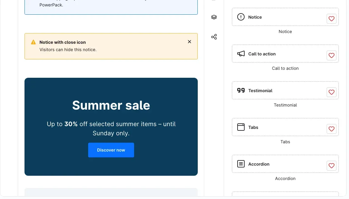 The “Blocks” sidebar with the PowerPack elements