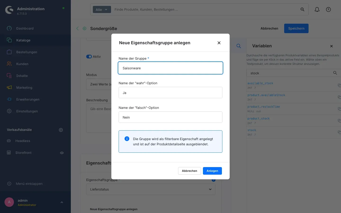 Das Fenster „Neue Eigenschaftsgruppe anlegen“