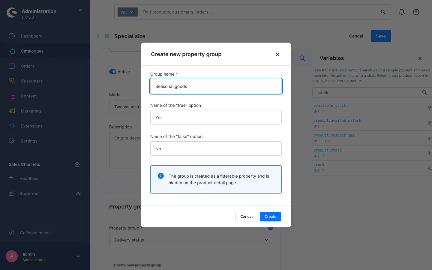 The "Create new property group" dialogue