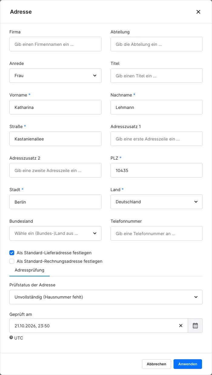 Prüfstatus an der Kundenadresse