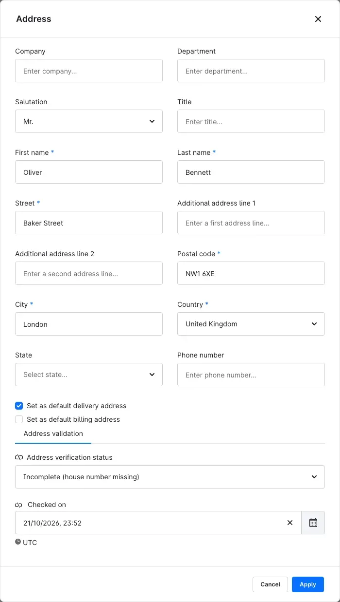 Verification status on the customer address