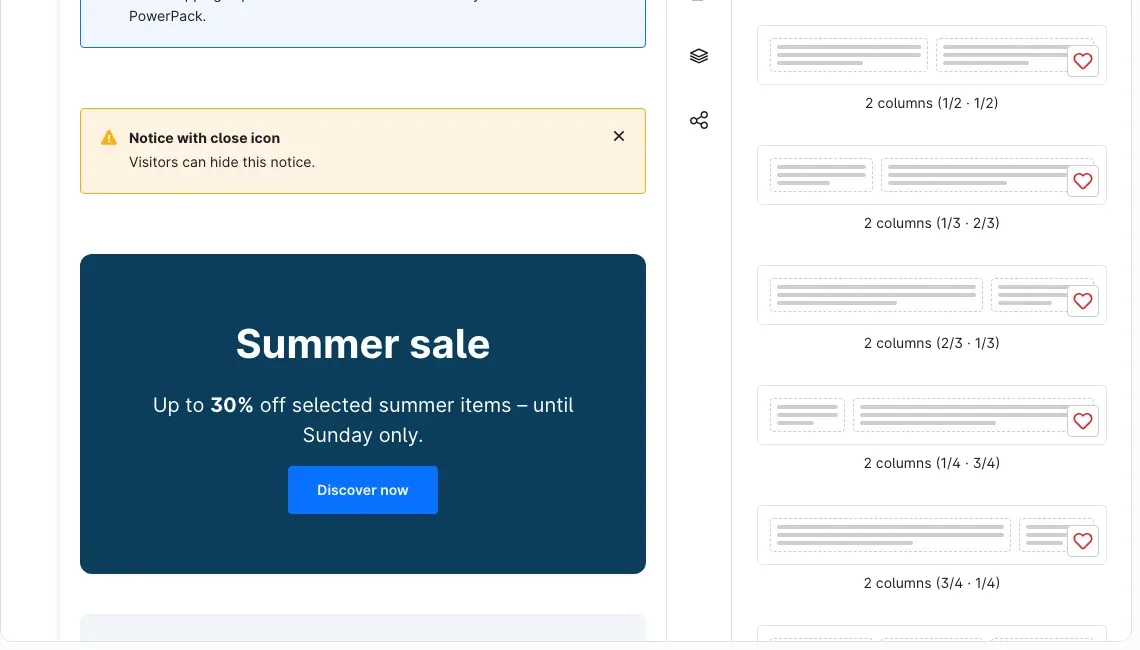 The “Blocks” sidebar with the PowerPack layouts