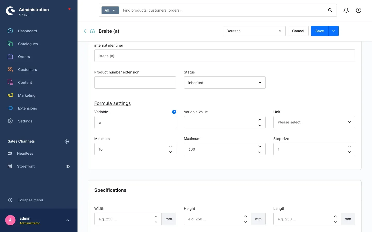 Formula settings of an option