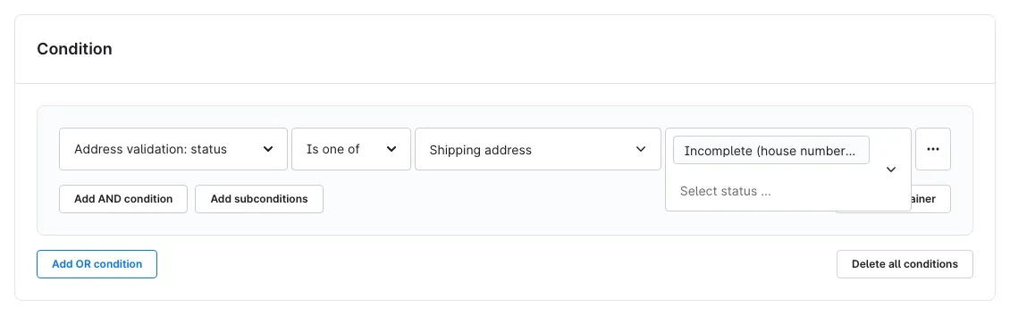Condition "Address validation: status" in the Rule Builder