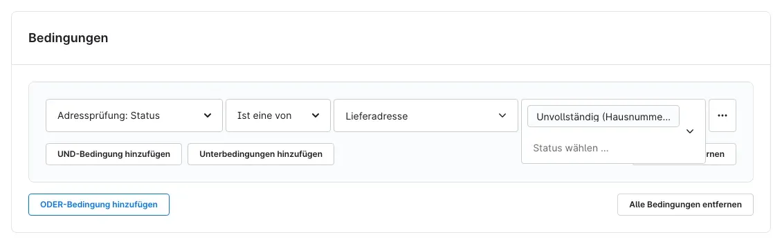 Bedingung „Adressprüfung: Status“ im Rule Builder