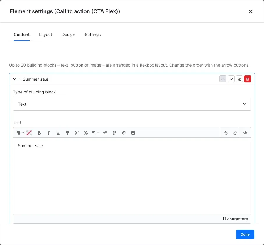 The element settings of the call to action with the first building block