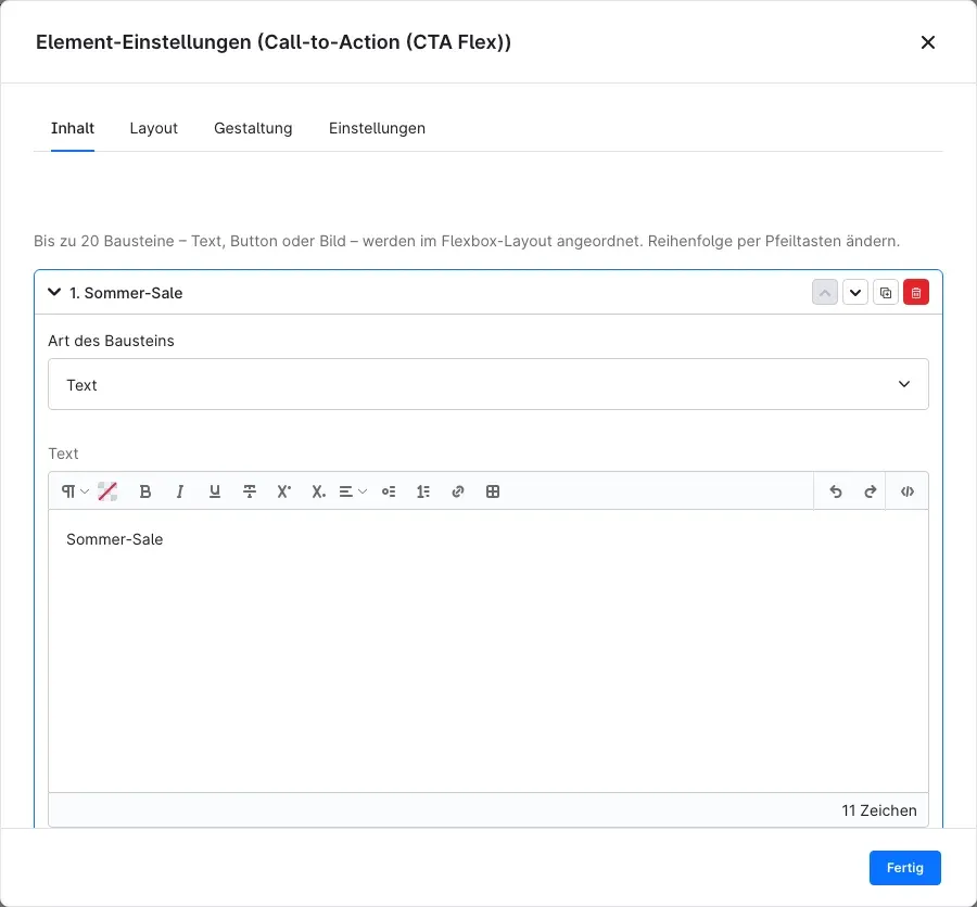 Die Element-Einstellungen des Call-to-Action mit dem ersten Baustein