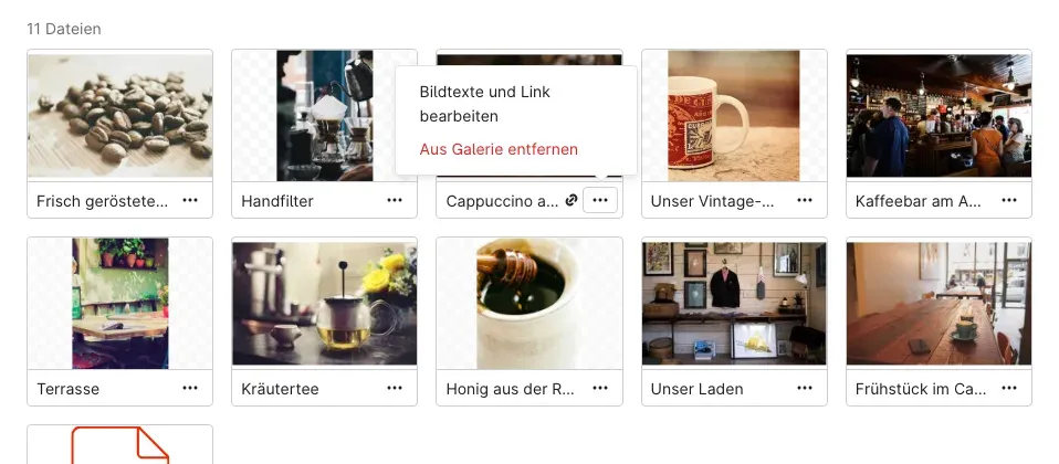 Menü eines Galeriebilds