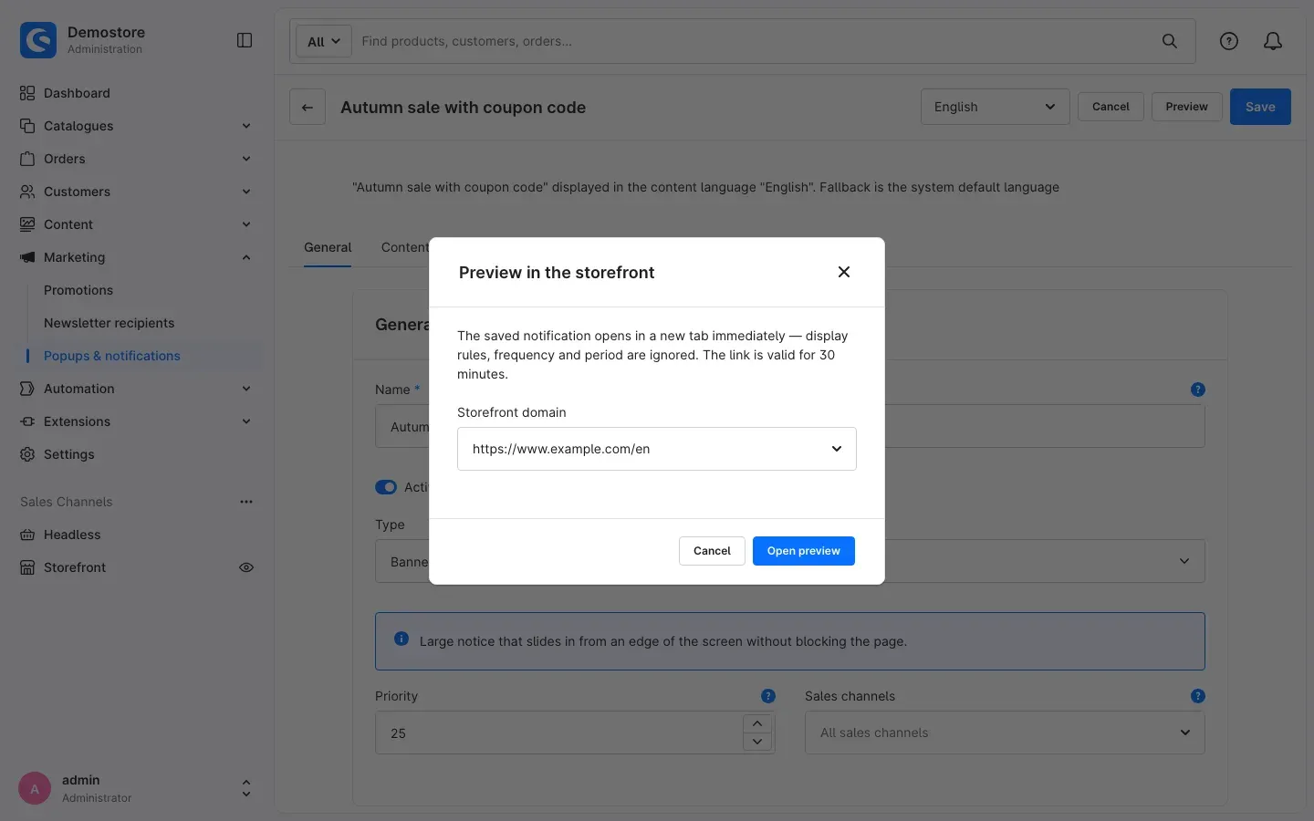 Preview in the storefront dialog