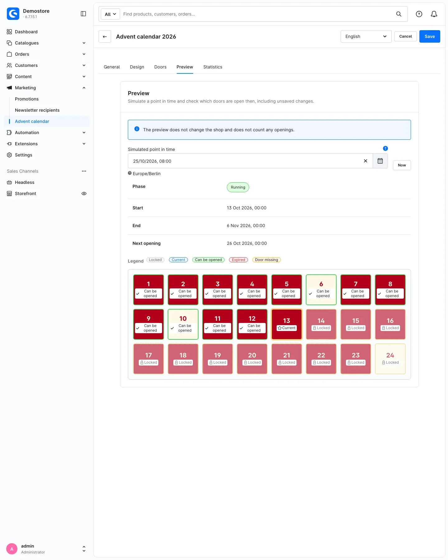 Preview tab of a calendar