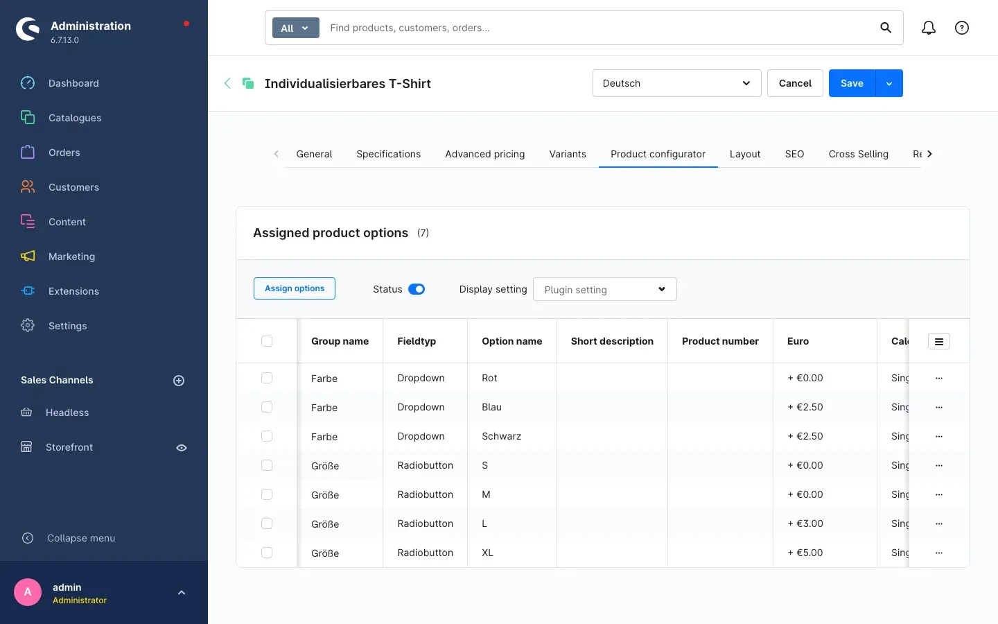 Product configurator tab on the product