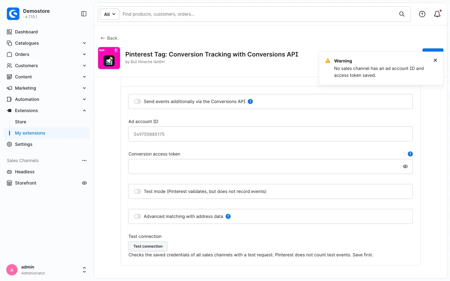 Message when testing the connection without saved credentials