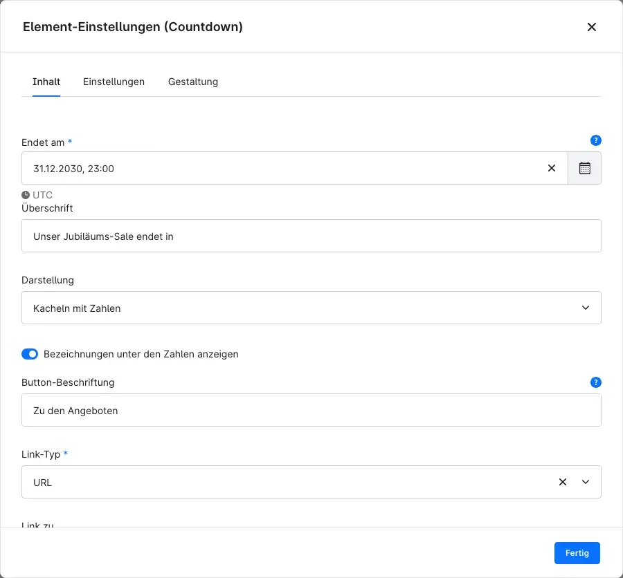 Die Element-Einstellungen des Countdowns