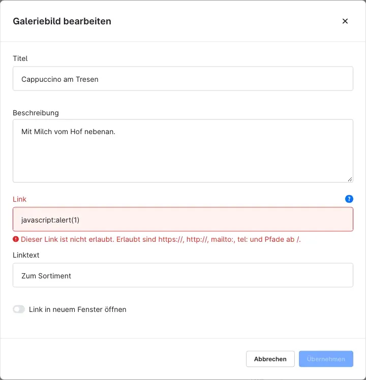 Meldung bei einem unzulässigen Link
