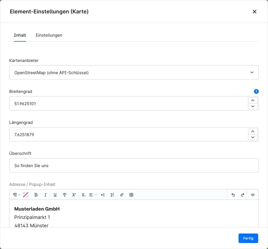 Die Element-Einstellungen der Karte
