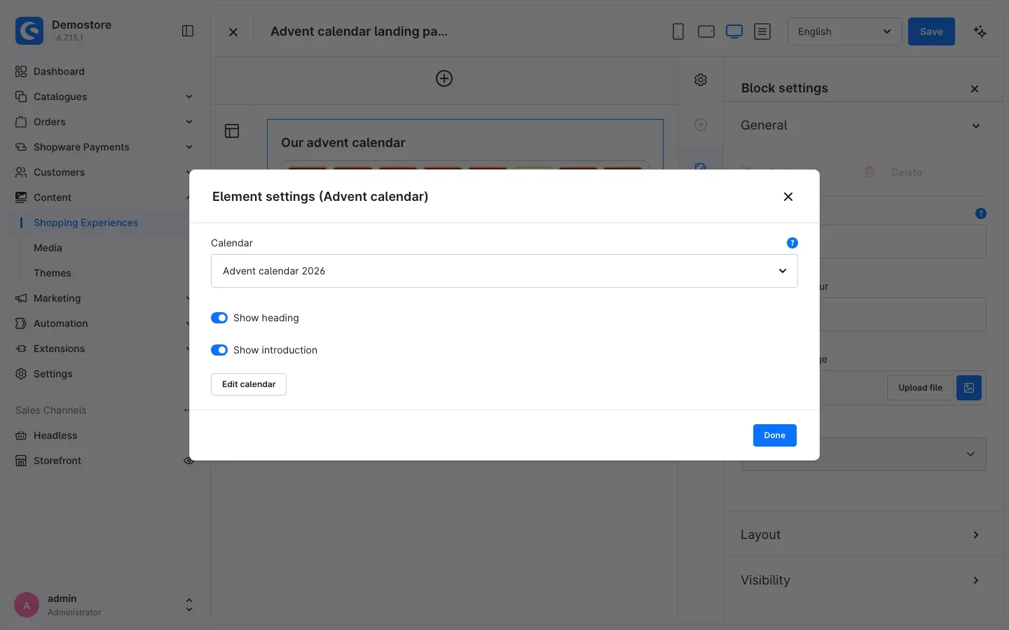 Element settings of the advent calendar