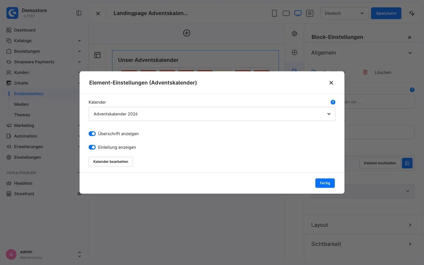 Element-Einstellungen des Adventskalenders