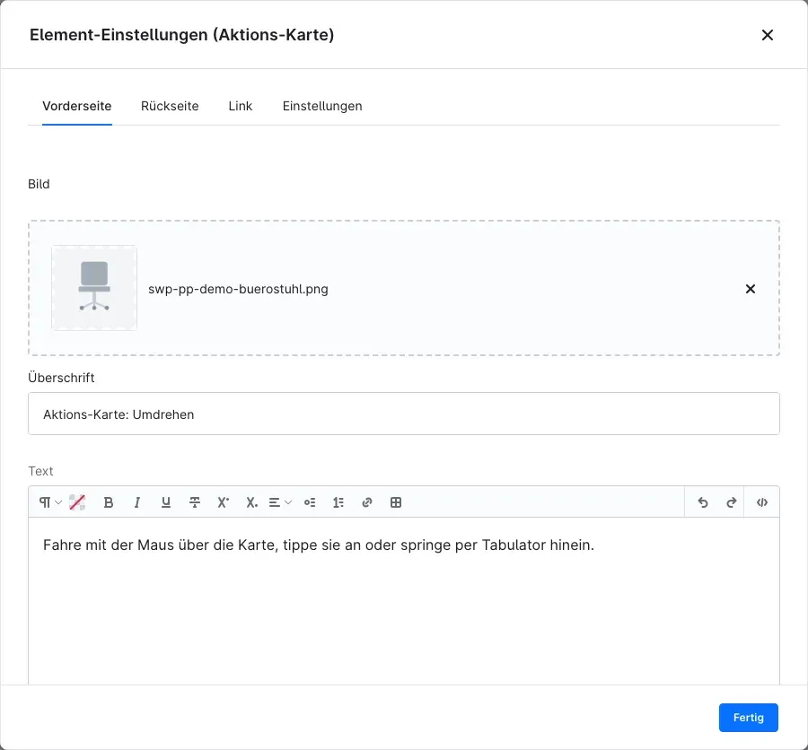 Die Element-Einstellungen der Aktions-Karte, Reiter „Vorderseite“