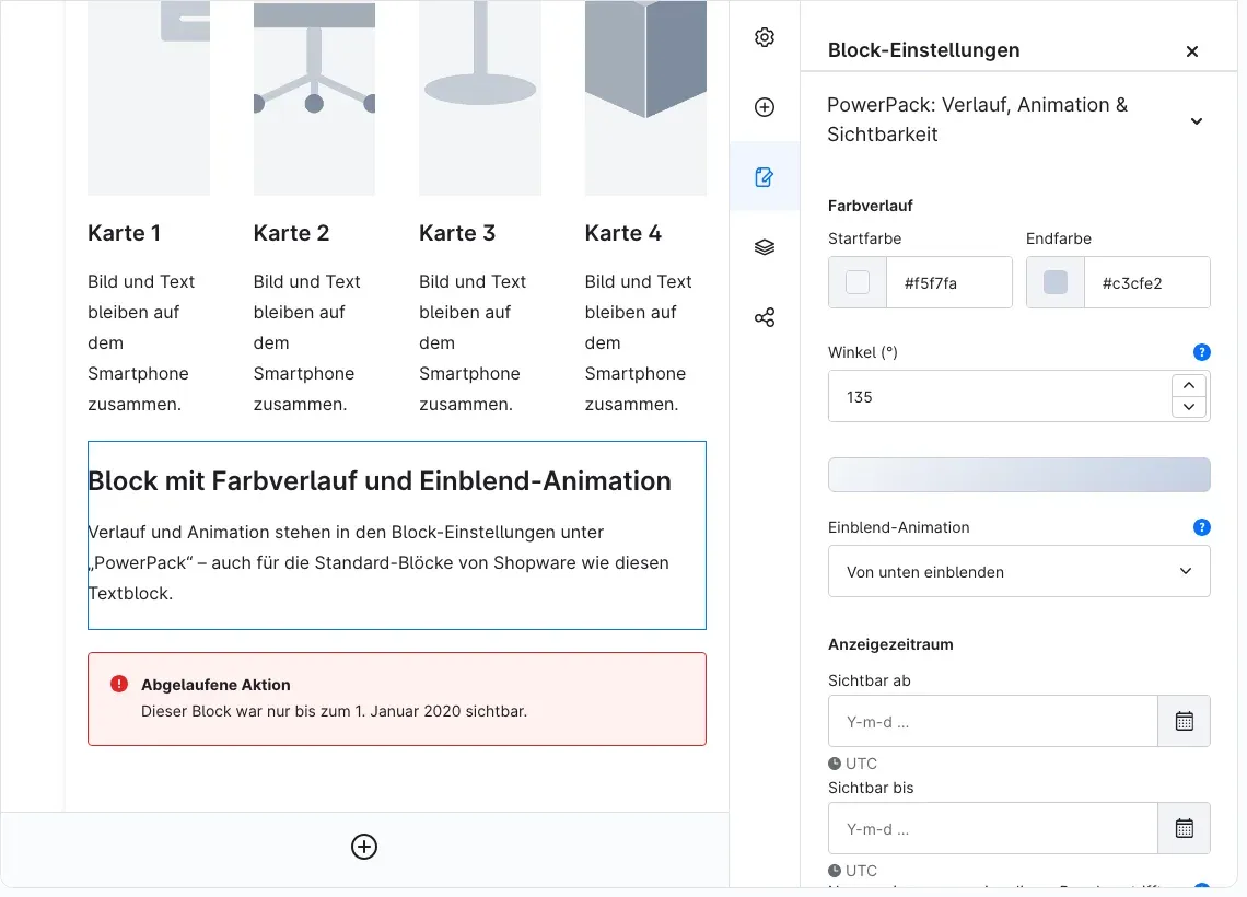 Block-Einstellungen mit aufgeklapptem Bereich „PowerPack: Verlauf, Animation & Sichtbarkeit“
