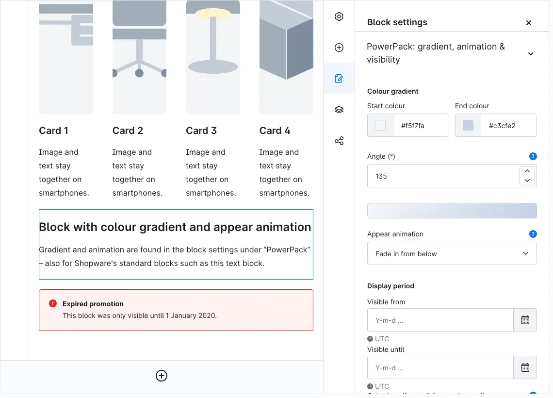 Block settings with the expanded panel “PowerPack: gradient, animation & visibility”
