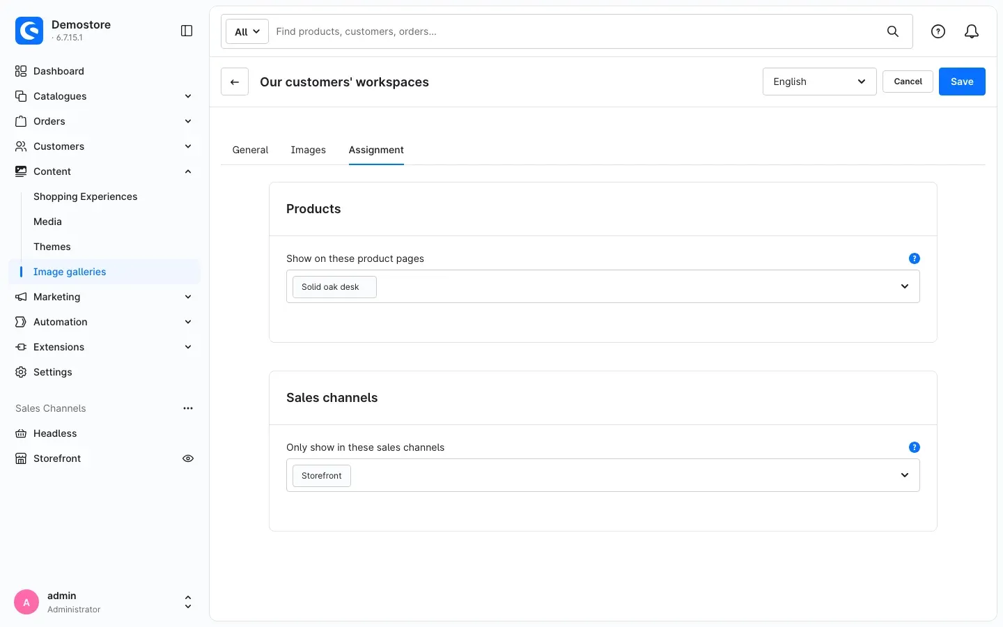 Assignment tab with products and sales channels