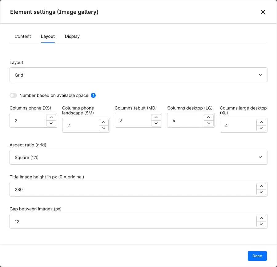 Element settings, Layout tab for the grid
