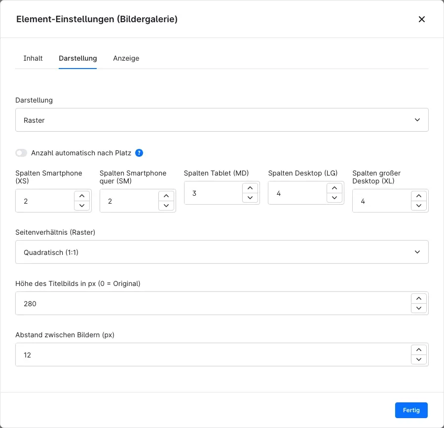 Element-Einstellungen, Reiter Darstellung für das Raster