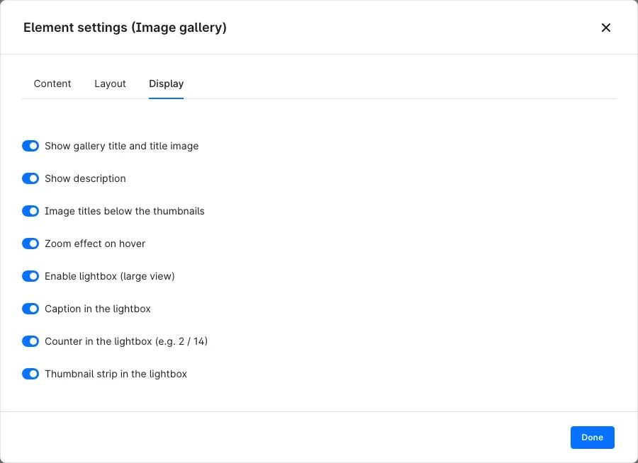 Element settings, Display tab